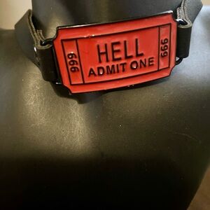 Red 'HELL Admit One' 666 Ticket Black Band Choker Necklace